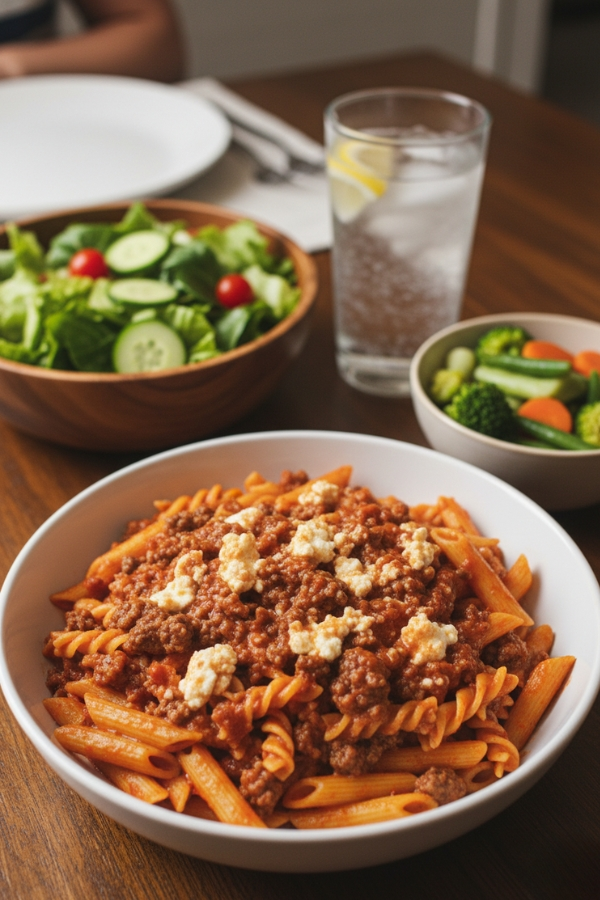 Blending cottage cheese sauce, high protein ground beef pasta