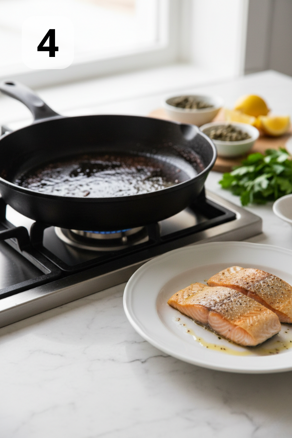 Step by step preparation for Easy One Pan Creamy Lemon Caper Butter Salmon
