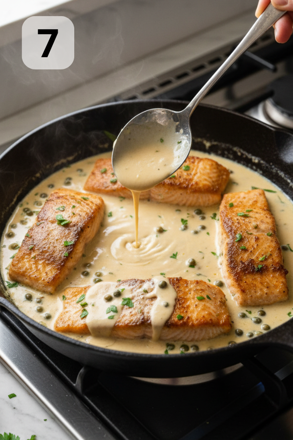 Step by step preparation for Easy One Pan Creamy Lemon Caper Butter Salmon