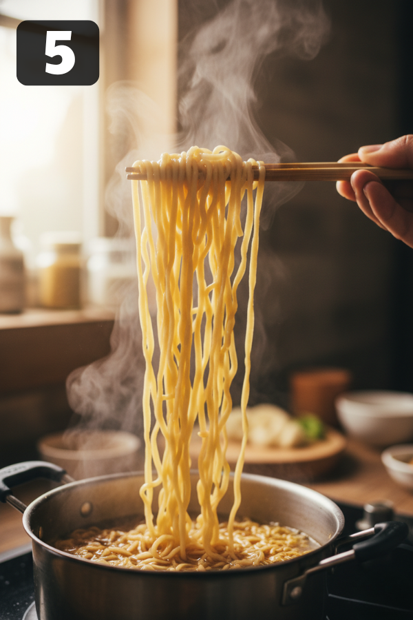 Step by step preparation for Fiery Chicken Ramen with Creamy Garlic Sauce