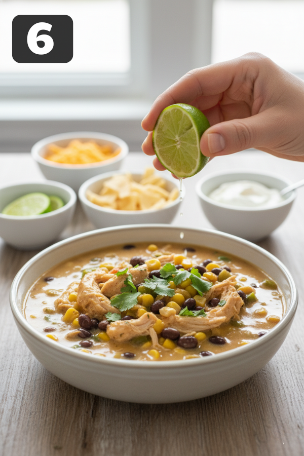 Shredded chicken in broth, topping tortilla soup with avocado