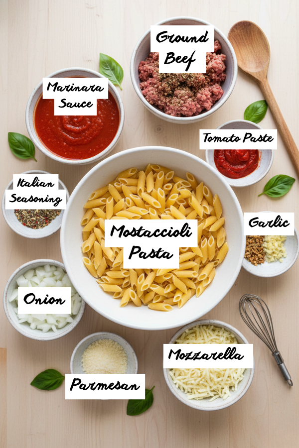 Tossing penne pasta with meat sauce, mozzarella topping