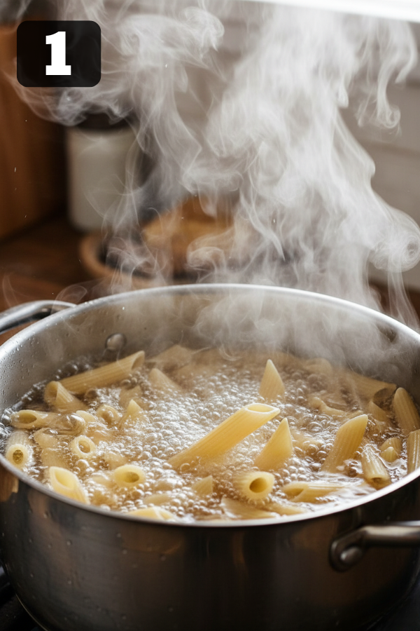 Tossing penne pasta with meat sauce, mozzarella topping