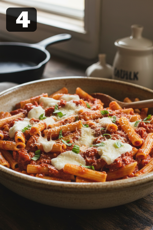 Tossing penne pasta with meat sauce, mozzarella topping