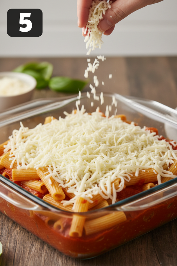 Tossing penne pasta with meat sauce, mozzarella topping