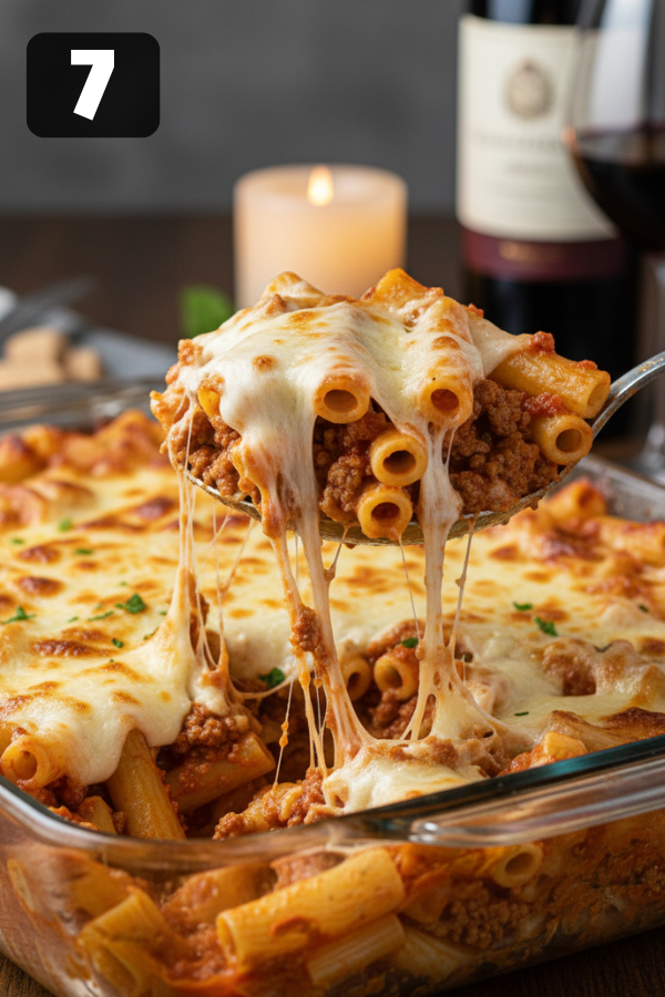 Tossing penne pasta with meat sauce, mozzarella topping