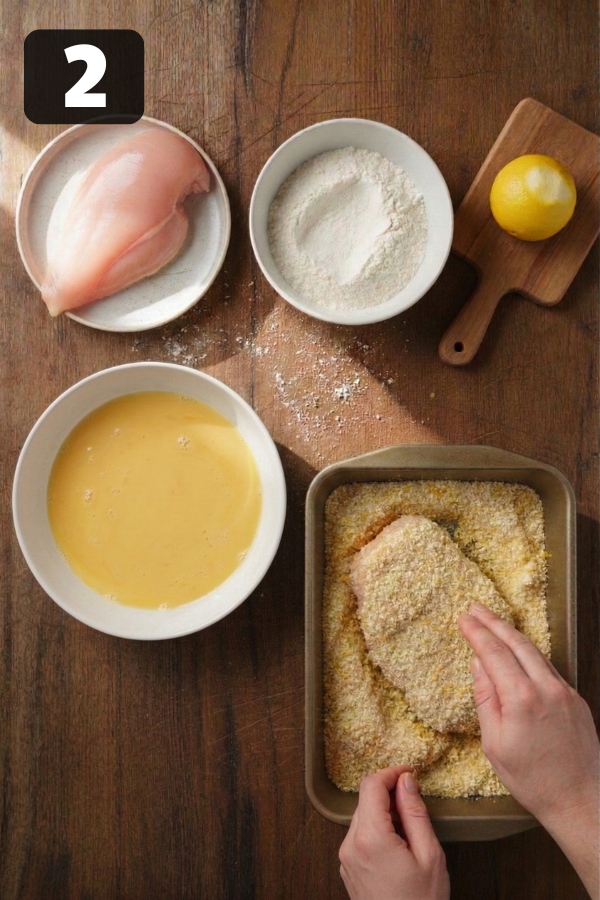 Step by step preparation for Lemon Pecorino Crusted Chicken with Creamy Lemon Sauce