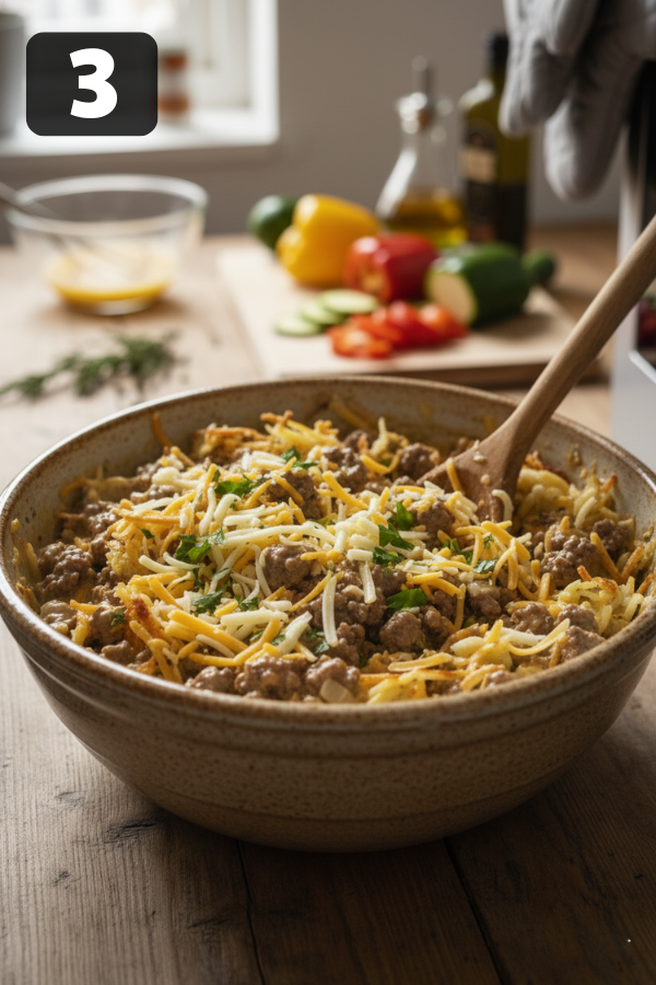 Whisking eggs for casserole, baked sausage breakfast bake