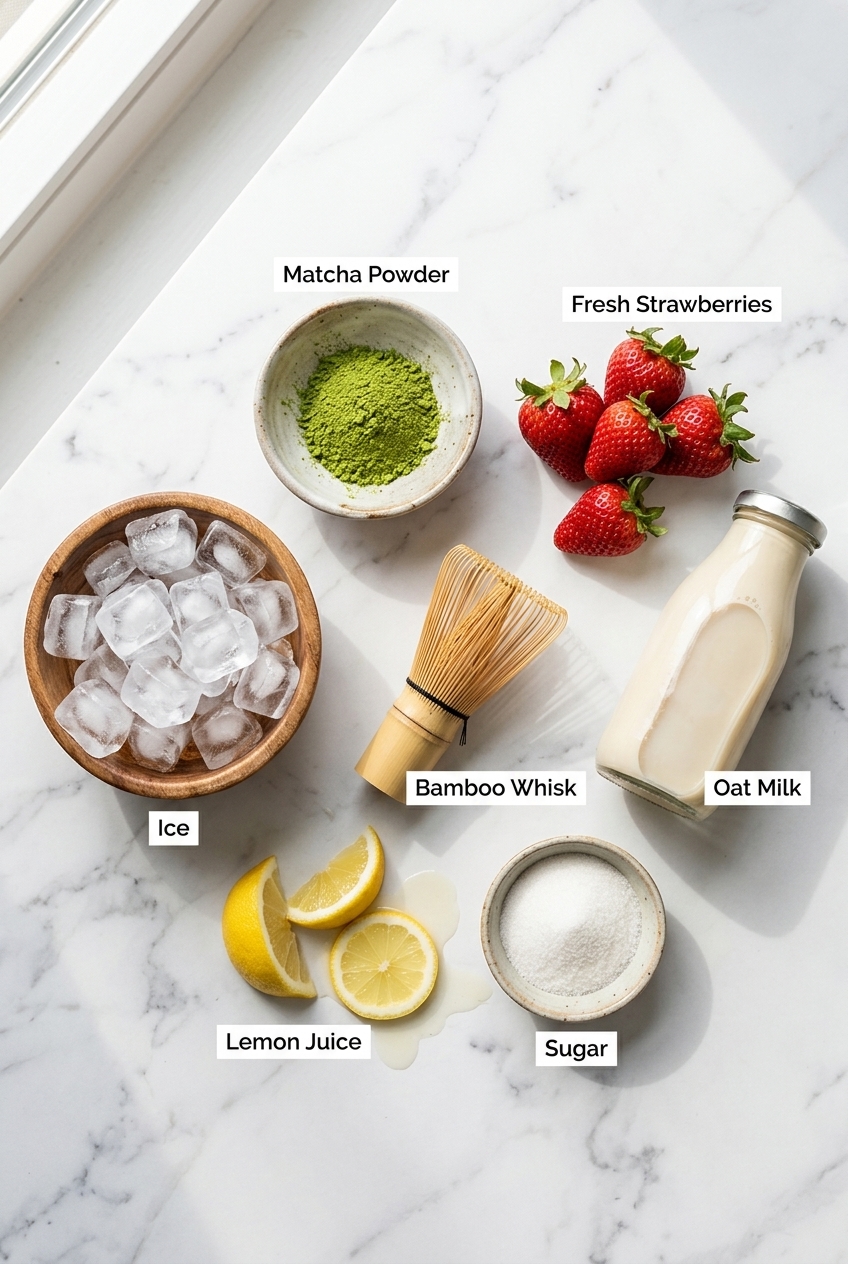 Strawberry matcha latte ingredients flatlay — matcha powder, fresh strawberries, oat milk, sugar, lemon, ice