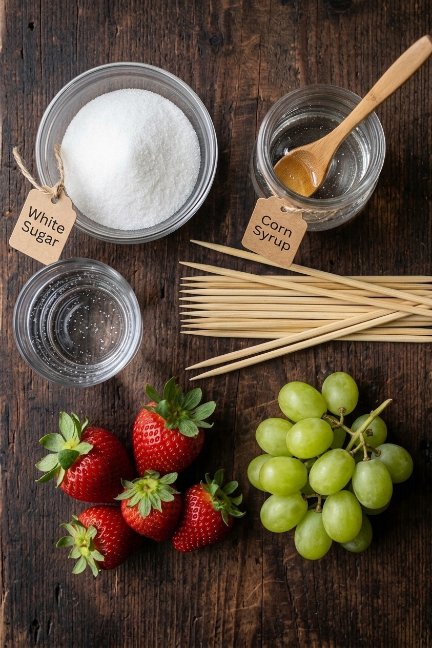 Tanghulu ingredients flatlay — white sugar, water, corn syrup, fresh strawberries, green grapes