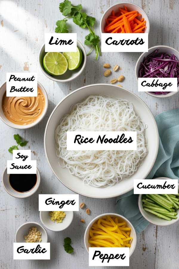rice noodles, shredded cabbage, carrots, cucumber, lime, and fresh herbs