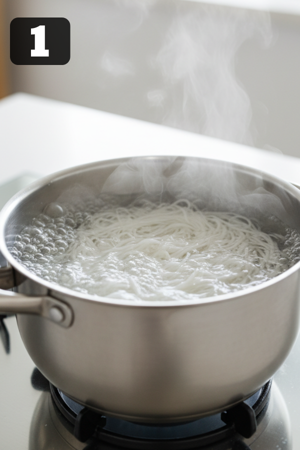 cooked rice noodles prepared for Thai noodle salad
