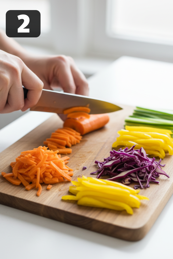 thinly sliced cabbage, carrots, bell pepper, and cucumber on a cutting board