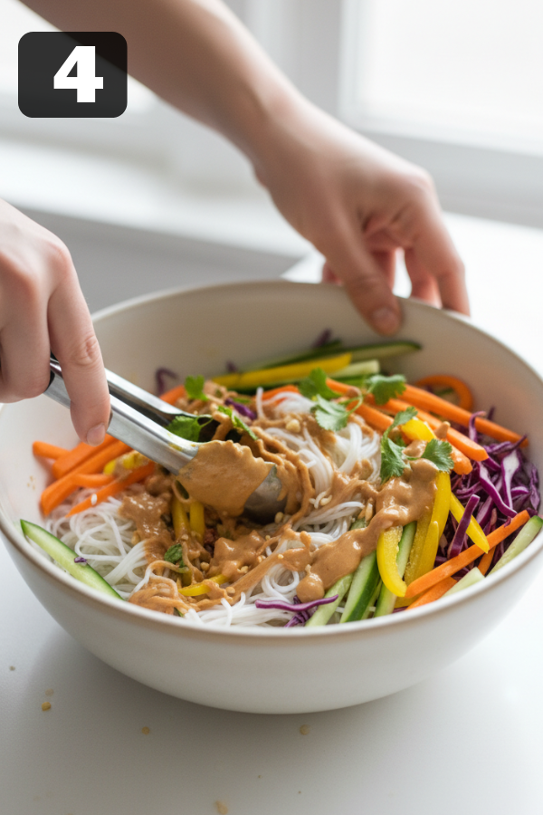 noodles and colorful vegetables being tossed together in a large bowl