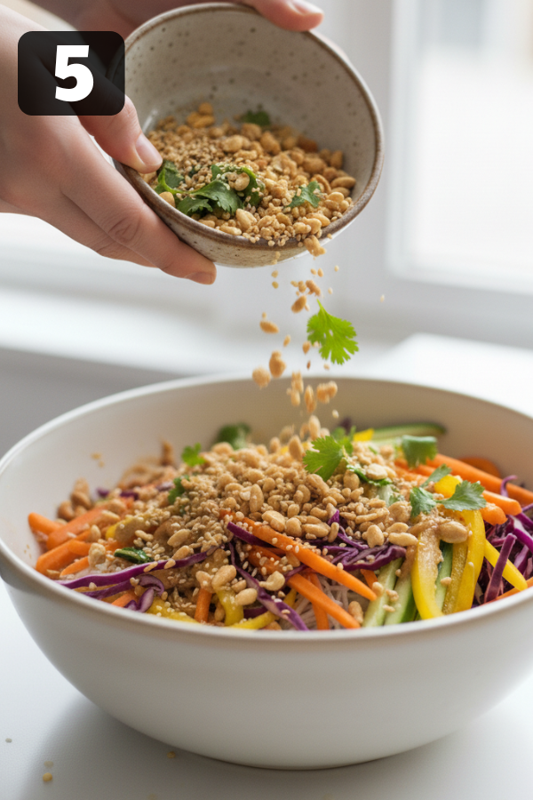 Thai noodle salad with peanut sauce topped with peanuts, herbs, and sesame seeds