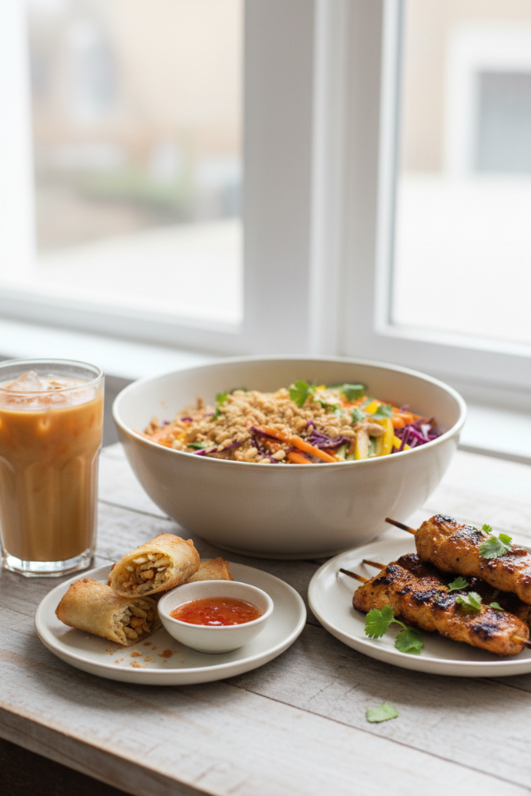 fresh spring rolls and grilled chicken skewers served as side dishes