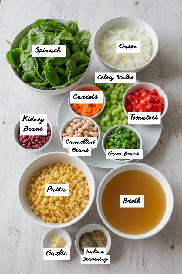 Ingredients for homemade minestrone soup with carrots, celery, beans, pasta, tomatoes, and broth