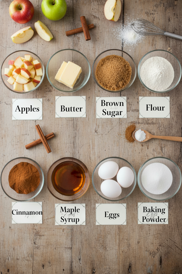 Ingredients for maple glazed apple blondies with apples, cinnamon, brown sugar, and maple syrup