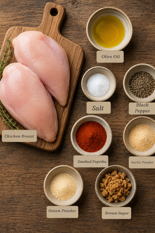 Ingredients for easy and juicy smoked chicken breast with simple seasoning
