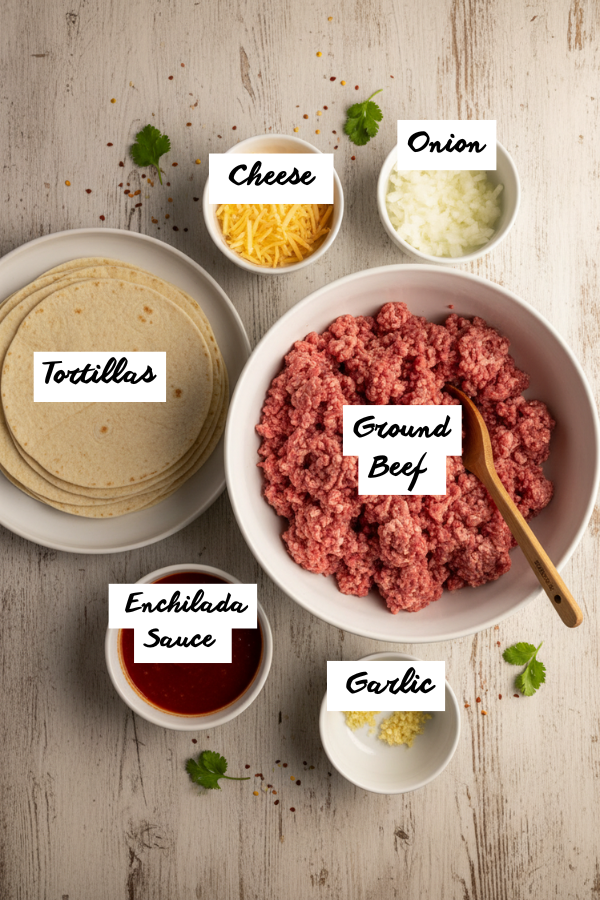 Ground beef enchiladas ingredients with tortillas, cheese, beef, onion, garlic, and red sauce