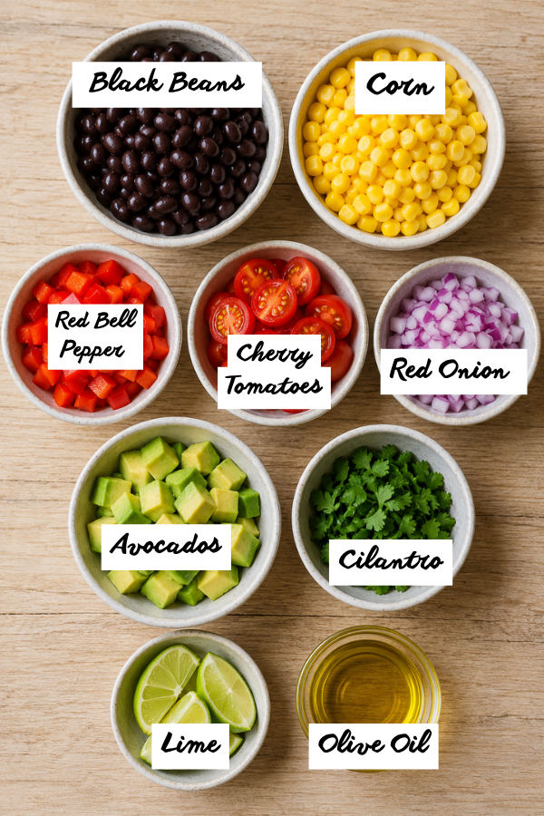 Fresh ingredients for black bean corn avocado salad with tomatoes, onion, cilantro, and lime