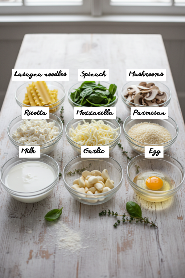 Simple ingredients for homemade spinach and mushroom lasagna