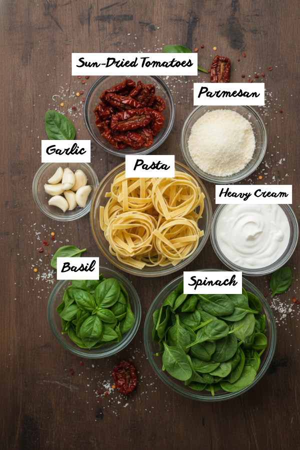 Ingredients for creamy sun-dried tomato pasta including pasta, garlic, parmesan, cream, and sun-dried tomatoes