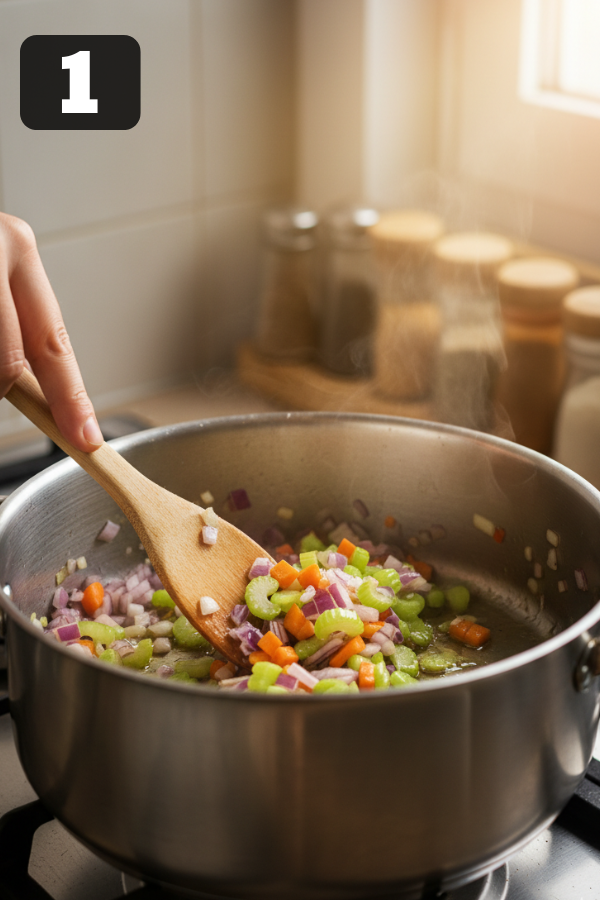 Onion, carrots, and celery sautéing in olive oil for Copycat Olive Garden Minestrone Soup