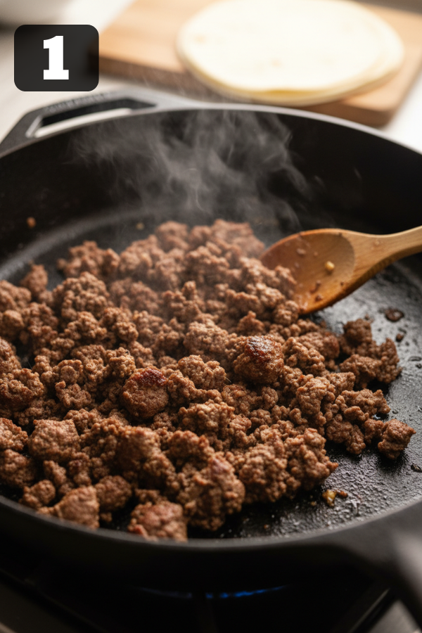 Ground beef and diced onion cooking in a skillet for enchilada filling