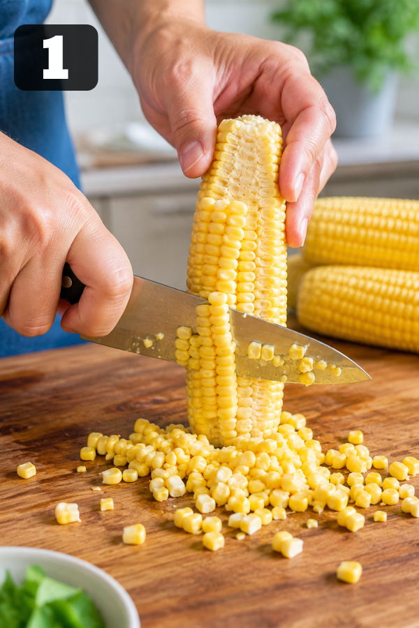 Fresh corn kernels being cut from the cob for vibrant black bean corn avocado salad