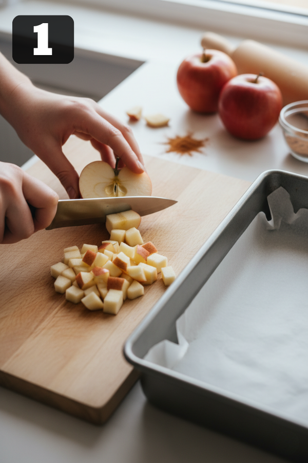 Preparing diced apples and parchment-lined baking pan for maple glazed apple blondies recipe
