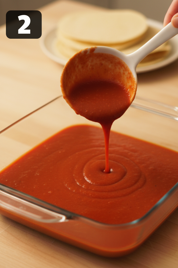 Red enchilada sauce spread on the bottom of a baking dish for beef enchiladas