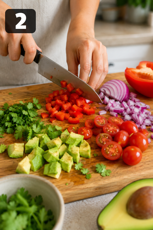 Chopped bell pepper, tomatoes, avocado, red onion, and cilantro for black bean corn avocado salad