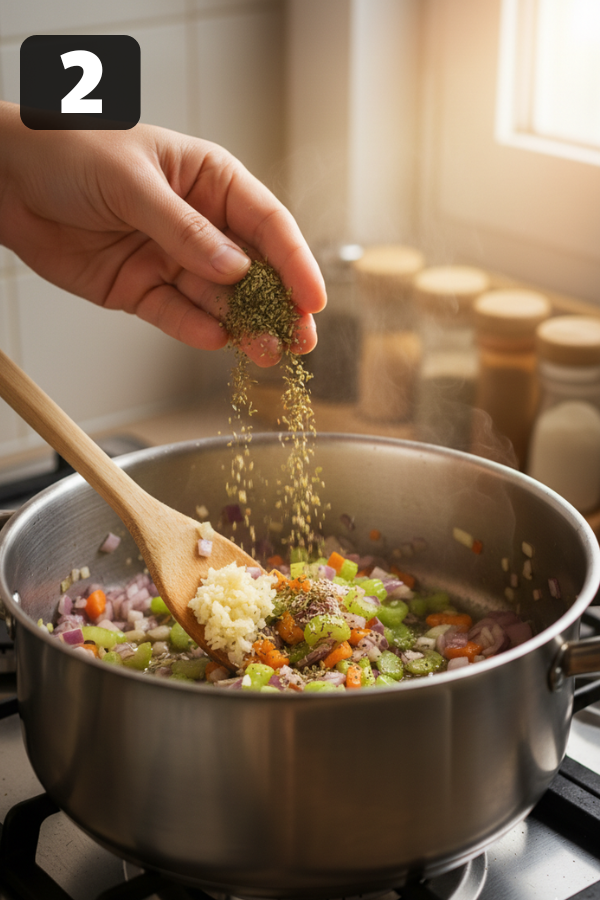Garlic and Italian seasoning added to the vegetable base for homemade minestrone soup
