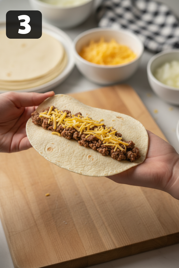 Tortillas filled with seasoned ground beef and shredded cheese for enchiladas