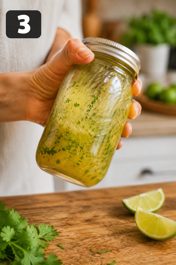 Fresh lime dressing with olive oil, garlic, cumin, and chili powder for black bean corn avocado salad