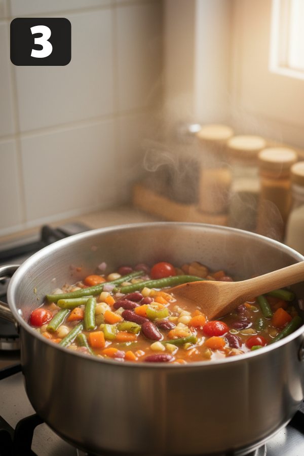 Tomatoes, beans, green beans, and broth simmering for Olive Garden minestrone soup recipe