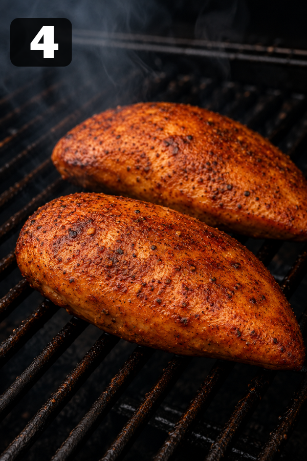 Chicken breasts smoking on smoker grates