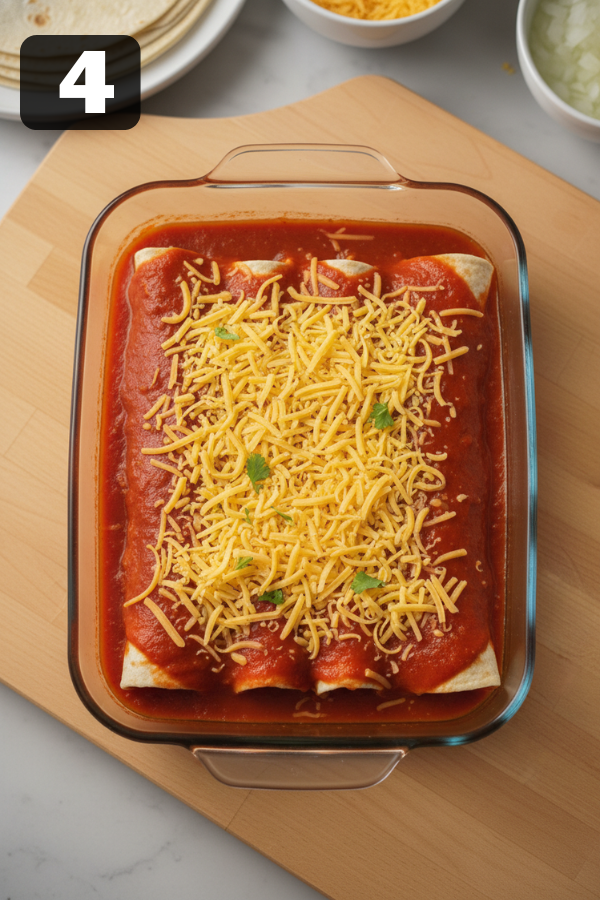 Rolled beef enchiladas covered with red enchilada sauce and shredded cheese