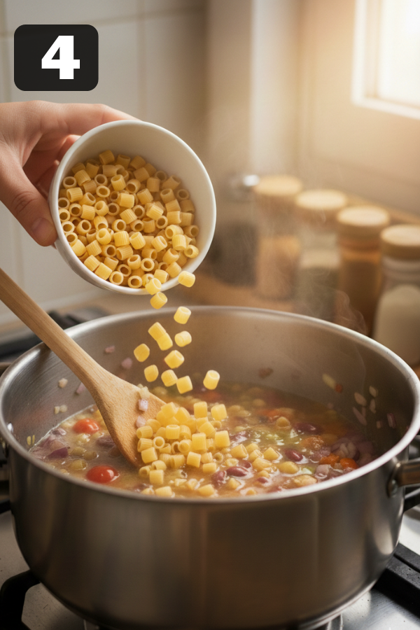 Small pasta cooking in vegetable minestrone soup with beans and tomato broth