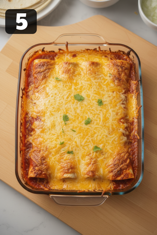Baked Ground Beef Enchiladas With Red Sauce with melted cheese and bubbling edges