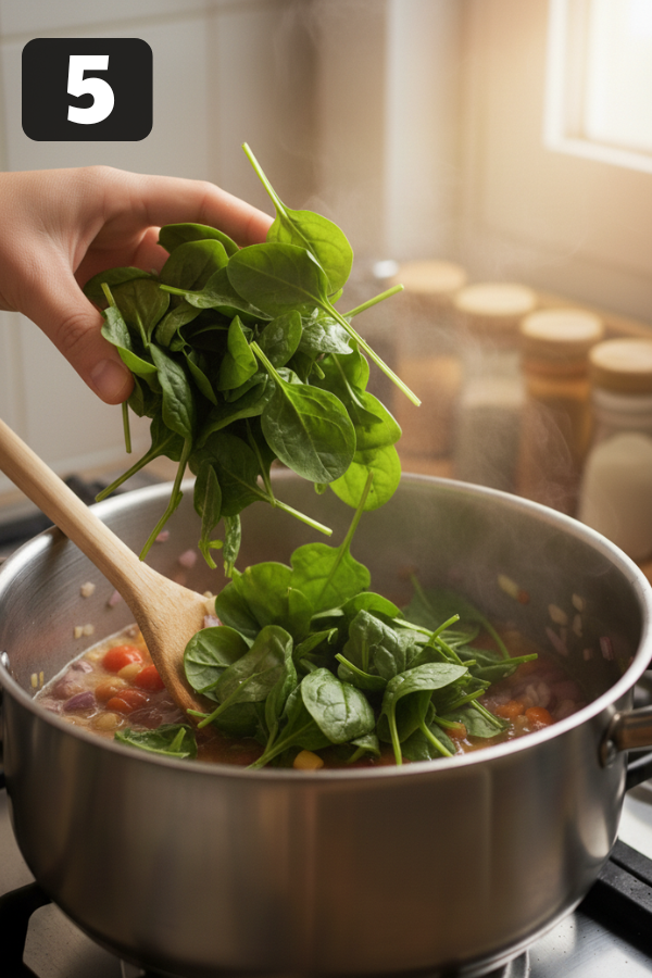 Fresh spinach stirred into Copycat Olive Garden Minestrone Soup before serving