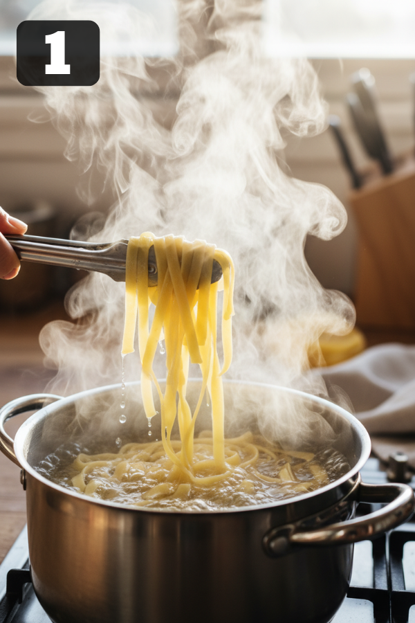 Pasta boiling until al dente for creamy sun-dried tomato pasta recipe