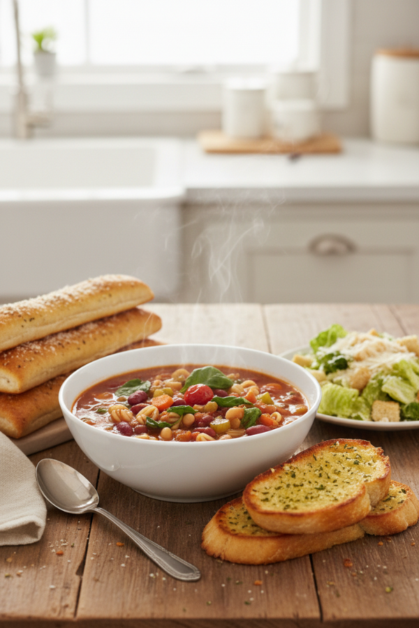 Olive Garden minestrone soup served with breadsticks, Caesar salad, or garlic bread