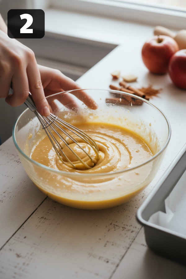 Mixing melted butter, brown sugar, eggs, and vanilla for chewy apple blondies batter