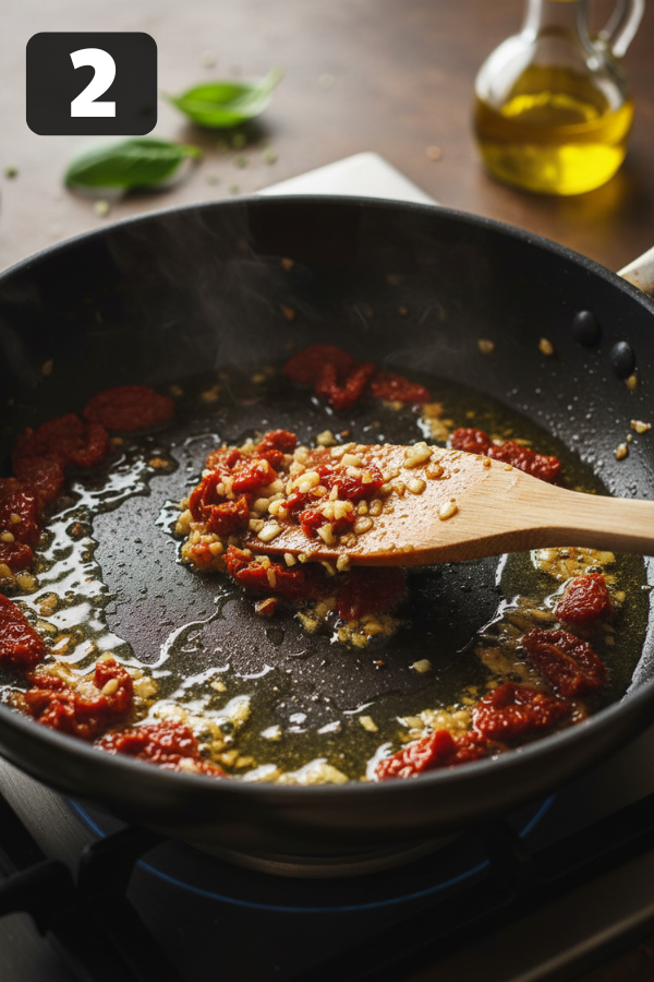 Garlic and chopped sun-dried tomatoes sautéed in olive oil for creamy pasta sauce