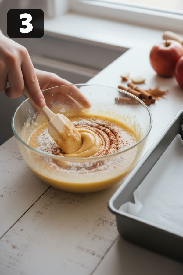 Adding flour, baking powder, cinnamon, and diced apples to maple apple blondies batter