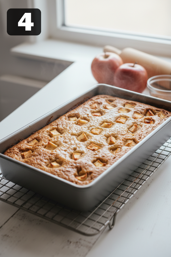 Golden baked apple blondies cooling in pan before maple glaze is added