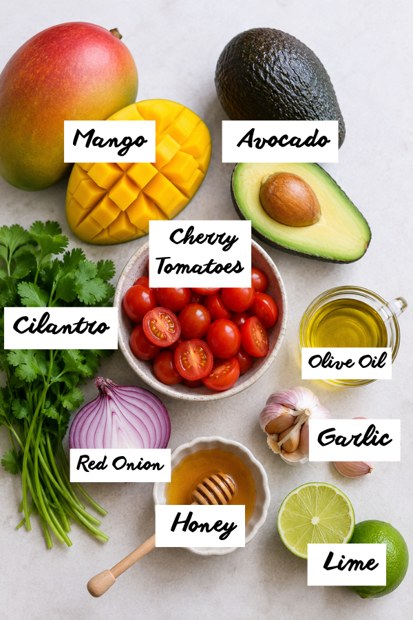 Fresh mango, avocado, cherry tomatoes, red onion, cilantro, lime, garlic, honey, and olive oil for a colorful summer salad.