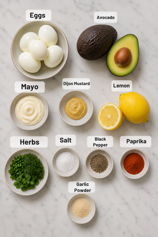Ingredients for keto avocado egg salad including hard-boiled eggs, ripe avocado, mayonnaise, Dijon mustard, lemon, herbs, and spices